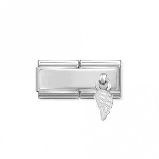 Classic Silver Engravable Double Plate White Enamel Wing Hanging Pendant Charms