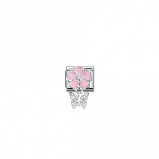 Classic Silver, Enamel and CZ Pink Flower with Butterfly Animals Charms