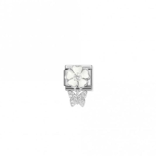 Classic Silver, Enamel and CZ White Flower with Butterfly Animals Charms