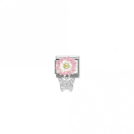 Classic Silver, Enamel and CZ Pink Daisy with Dangly Butterfly Animals Charms