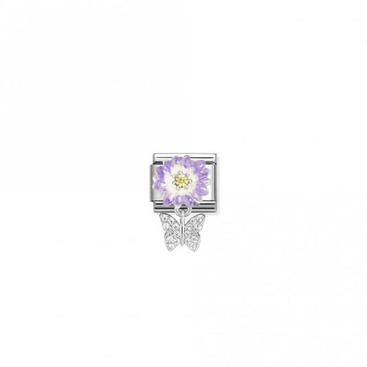Classic Silver, Enamel and CZ Lilac Daisy with Dangly Butterfly Animals Charms