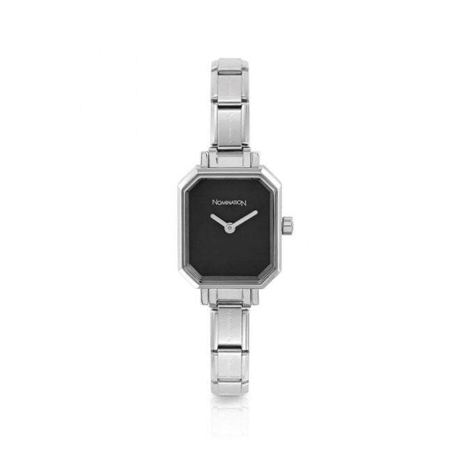 Time Rectangle Plain Dial & Silver Charm Bracelet Watch