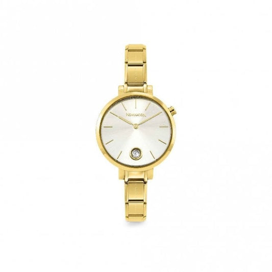 Time Round Silver Glitter Dial & Gold Charm Bracelet Watch with CZ