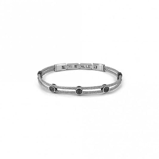Sea Lover Black Cable Bracelet in Silver Steel with CZ