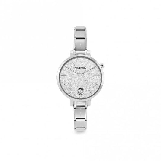 Time Round Silver Glitter Dial & Silver Charm Bracelet Watch with CZ