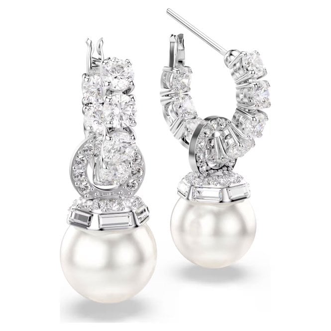 Matrix Drop Earrings with Round-Cut White Crystal & Pearl in Rhodium Silver