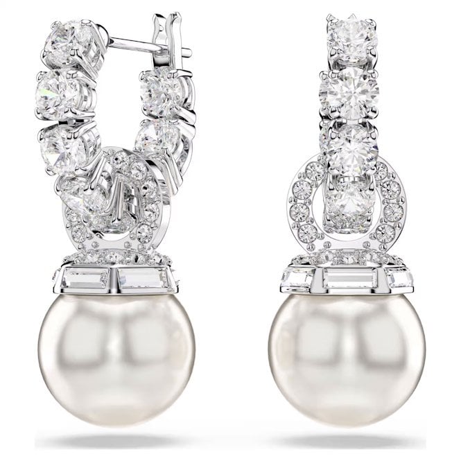Matrix Drop Earrings with Round-Cut White Crystal & Pearl in Rhodium Silver