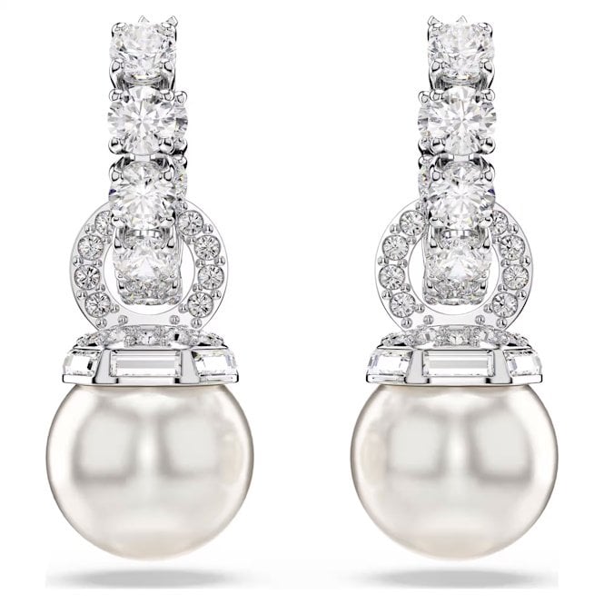 Matrix Drop Earrings with Round-Cut White Crystal & Pearl in Rhodium Silver