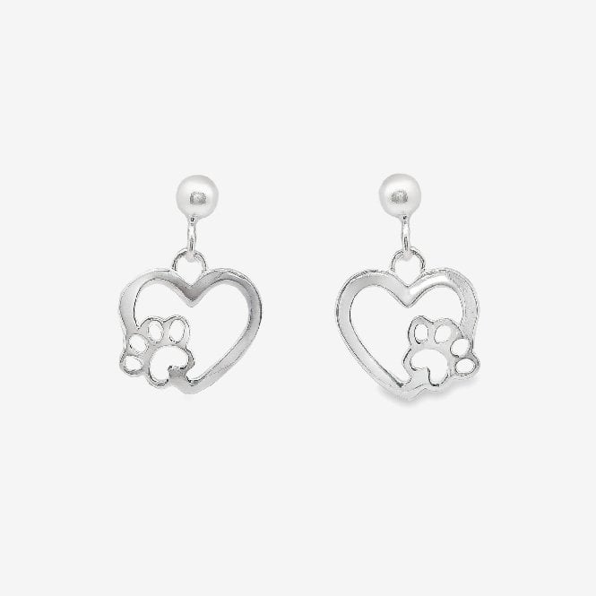 Silver Paw Print Heart Drop Earrings