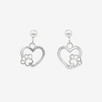 Silver Paw Print Heart Drop Earrings