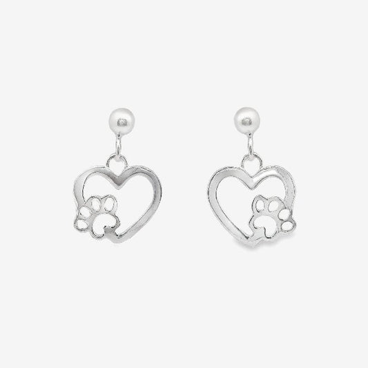 Silver Paw Print Heart Drop Earrings