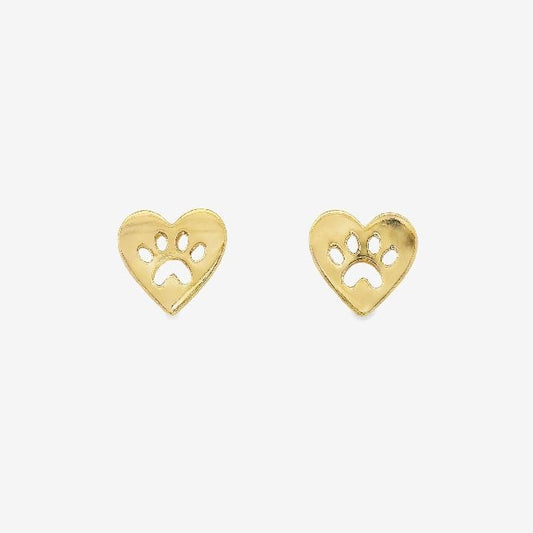 Gold Paw Print Heart Stud Earrings
