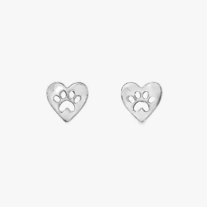 Silver Paw Print Heart Stud Earrings