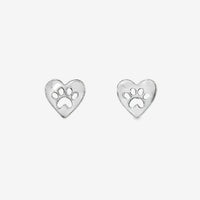 Silver Paw Print Heart Stud Earrings
