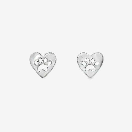 Silver Paw Print Heart Stud Earrings