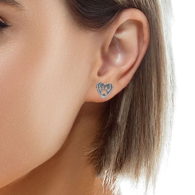 Silver Paw Print Heart Stud Earrings