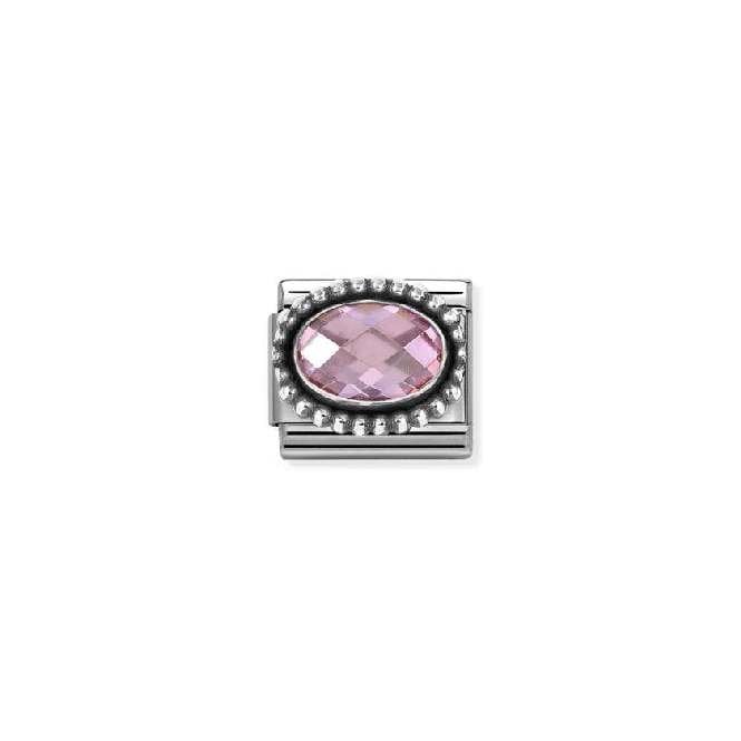 Classic Oxidised Silver and CZ Facetted Rich Pink Beaded Oval Sparkly & Stones Charms