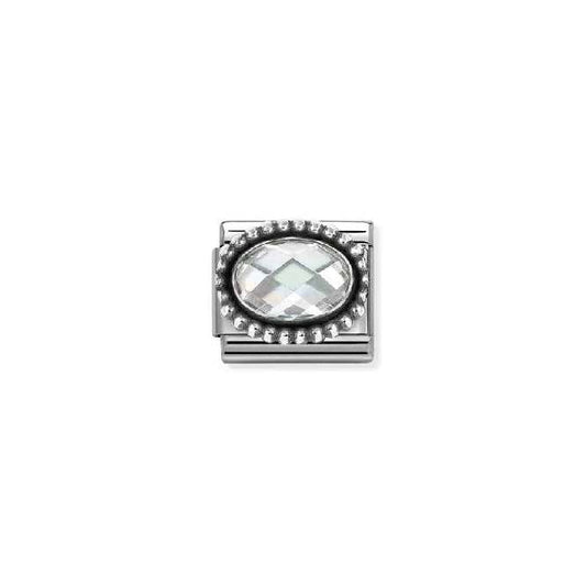 Classic Oxidised Silver and CZ Facetted Rich White Beaded Oval Sparkly & Stones Charms