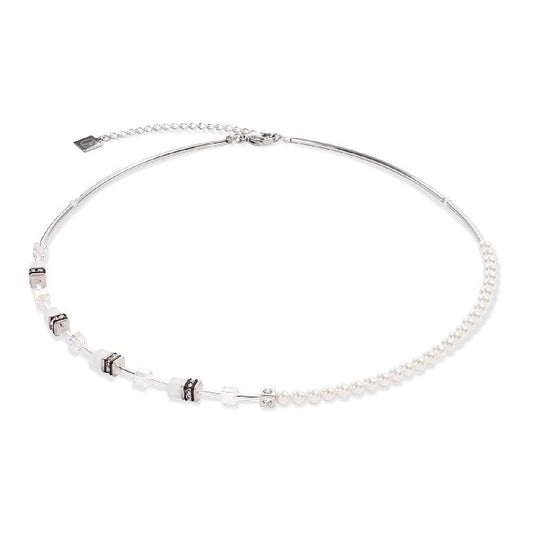 GeoCUBE Mini Fusion Pearls Necklace in Silver & White