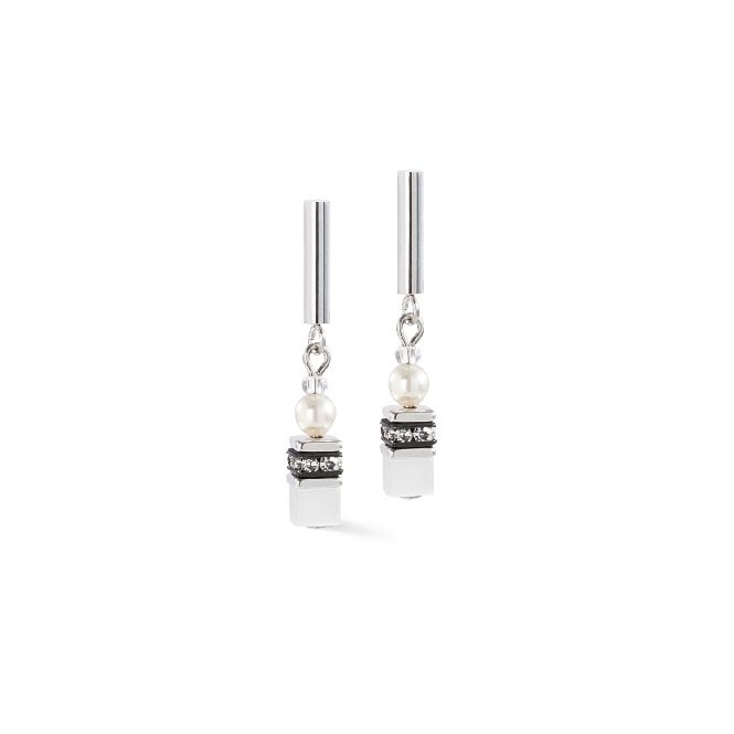 GeoCUBE Mini Fusion Pearls Earrings in Silver & White
