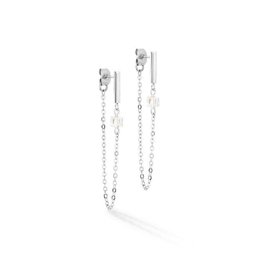 Mini Cubes & Chain Earrings in Silver & White