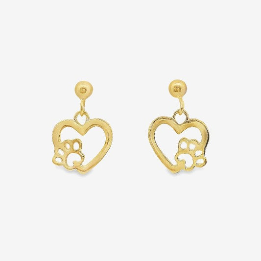 Yellow Gold Paw Print Heart Drop Earrings