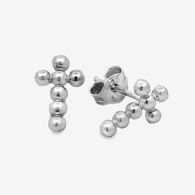 Silver Beaded Cross Stud Earrings