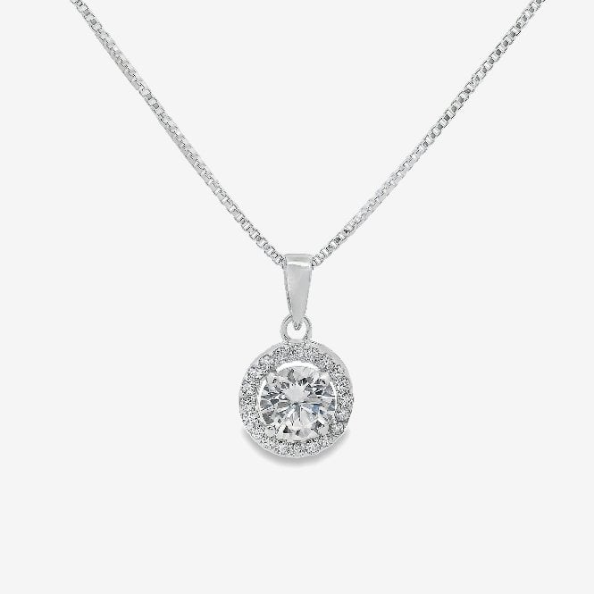 Silver Round CZ Halo Pendant Necklace