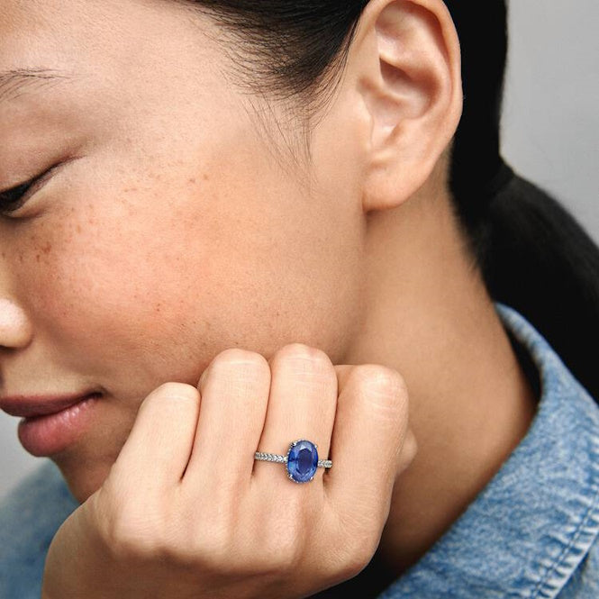 Sparkling Statement Blue Halo Ring, Size 48