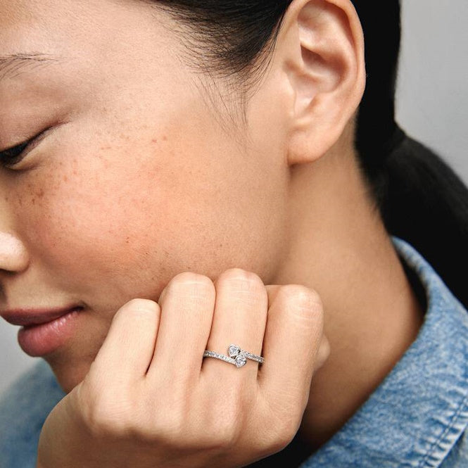 Pandora Two Sparkling Hearts Ring, Size 54