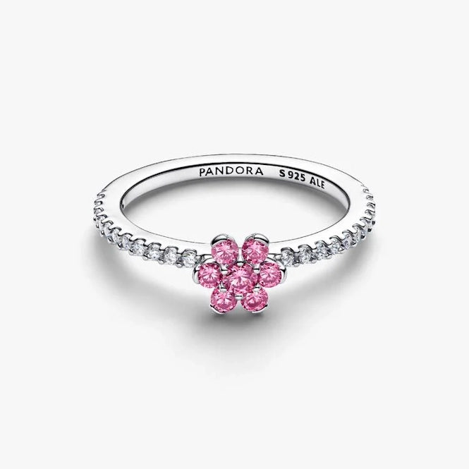 Sparkling Pink Flower Ring, Size 58