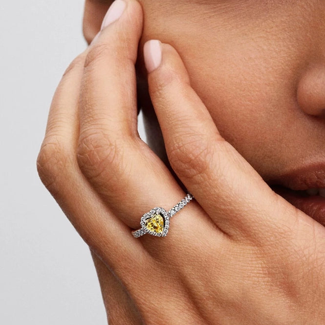 Sparkling Elevated Yellow Heart Ring, Size 56