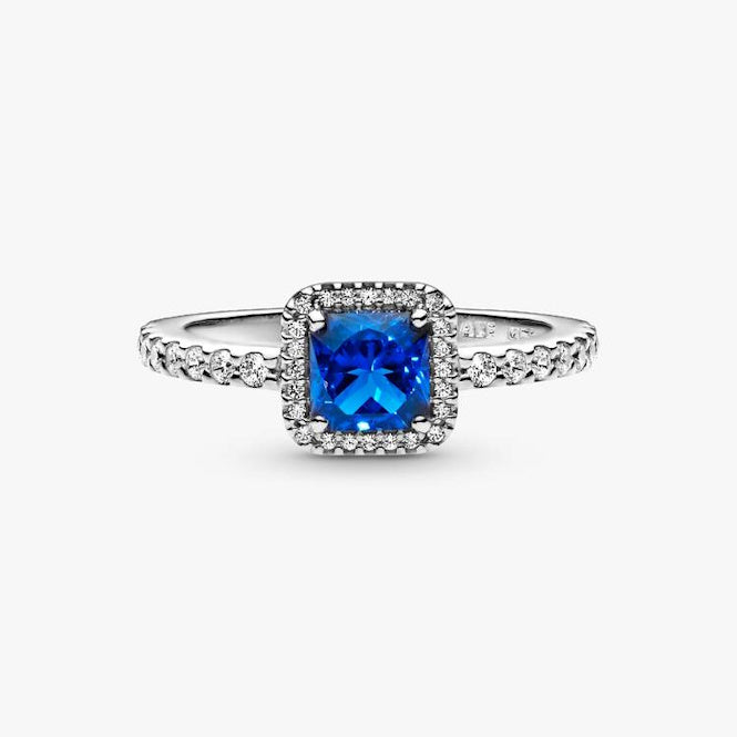 Blue Square Sparkle Halo Ring, Size 52