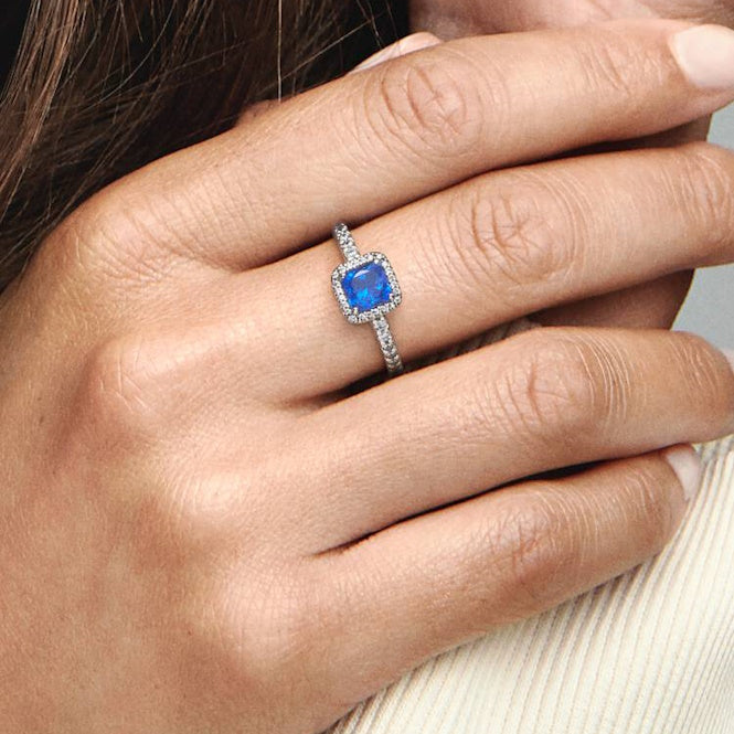 Blue Square Sparkle Halo Ring, Size 52
