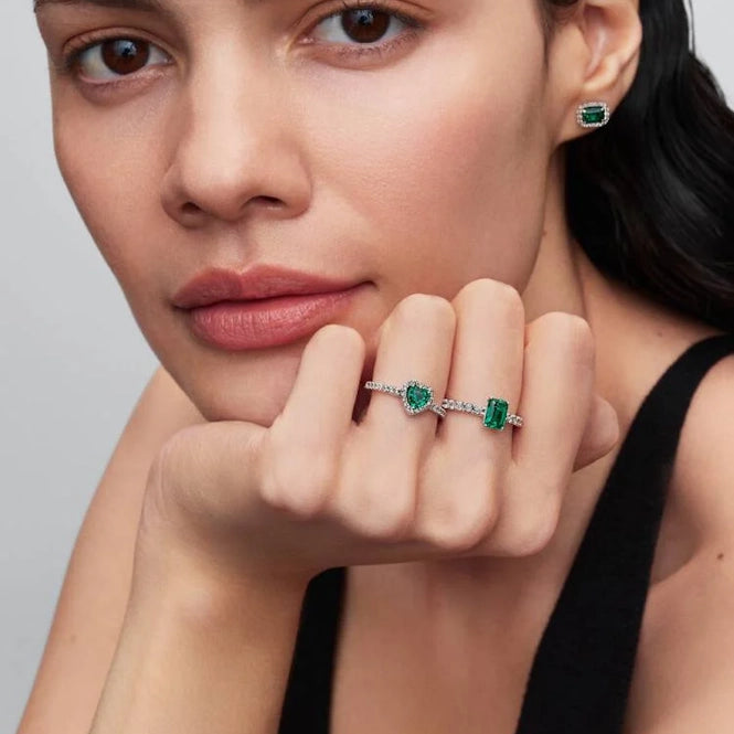 Pandora Sparkling Rectangular Green Stud Earrings