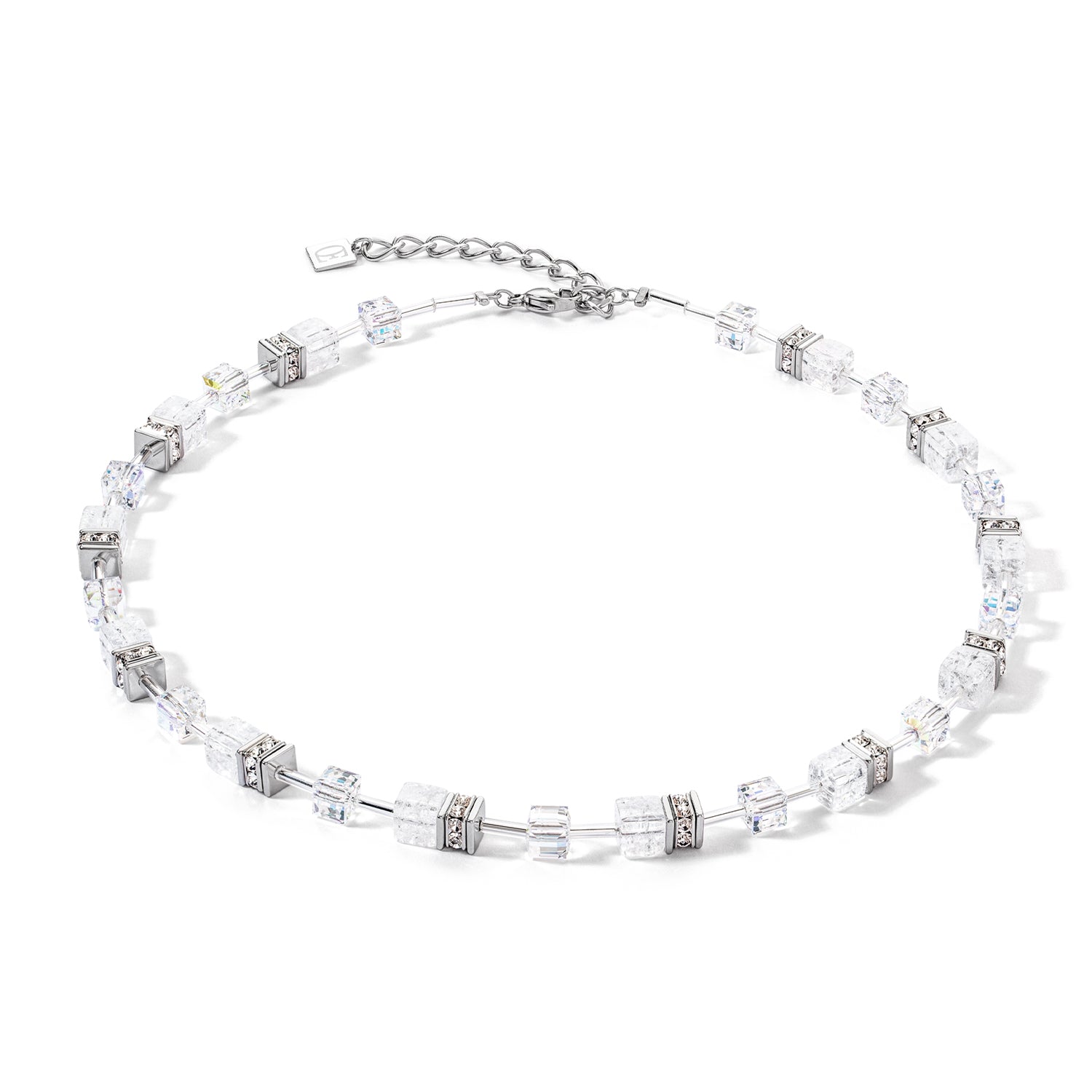 Coeur de Lion GeoCUBE Iconic Nature Necklace in Silver & Clear White