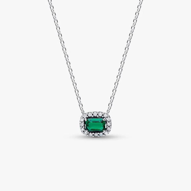 Rectangular Sparkling Green Halo Pendant Necklace
