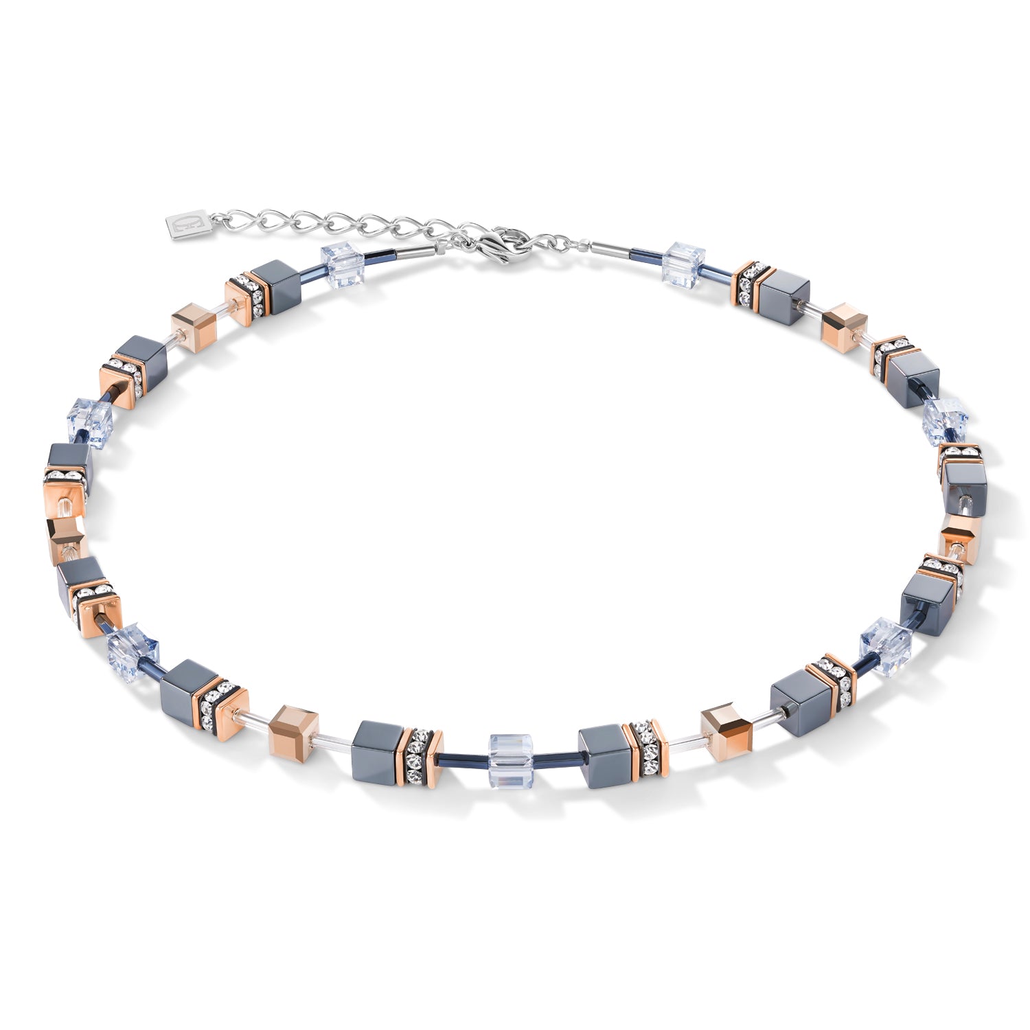 Coeur de Lion GeoCUBE Necklace in Silver with Rose Gold & Ice Blue
