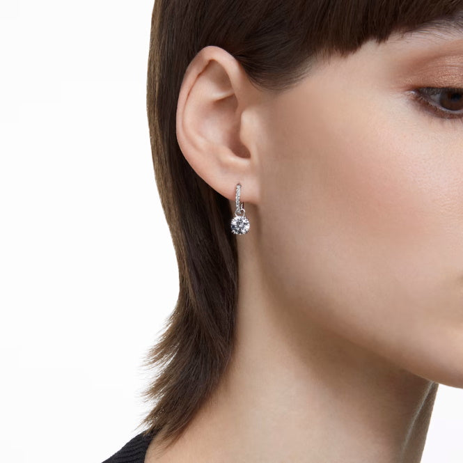 Swarovski Stilla Drop Earrings with Round-Cut White Crystal in Rhodium Silver