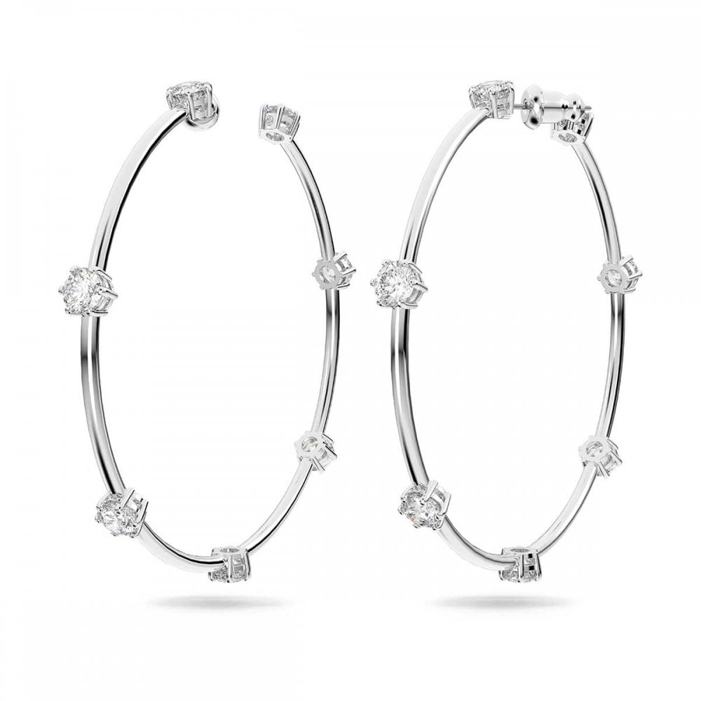 Swarovski Constella Hoop Earrings with Round-Cut White Crystal in Rhodium Silver