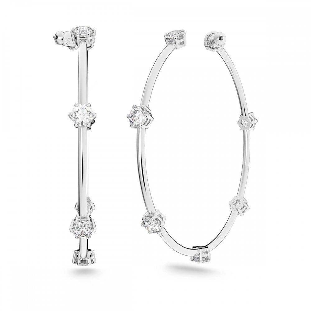 Swarovski Constella Hoop Earrings with Round-Cut White Crystal in Rhodium Silver