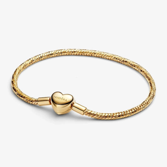Pandora Gold Heart Clasp Faceted Snake Chain Bracelet, 19cm