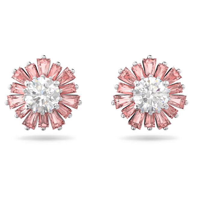 Idyllia Sun Stud Earrings with Mixed-Cut Pink Crystal in Rhodium Silver