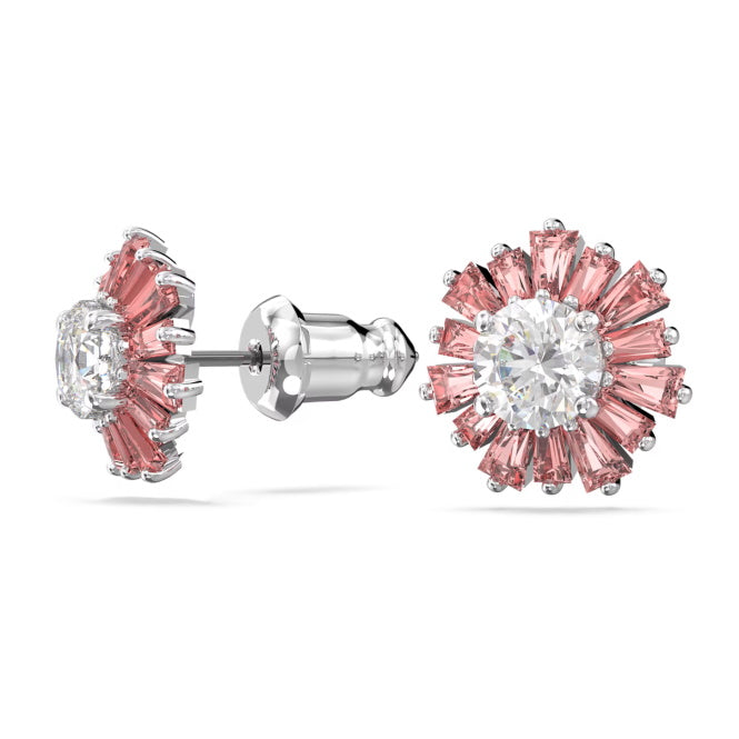Swarovski Idyllia Sun Stud Earrings with Mixed-Cut Pink Crystal in Rhodium Silver