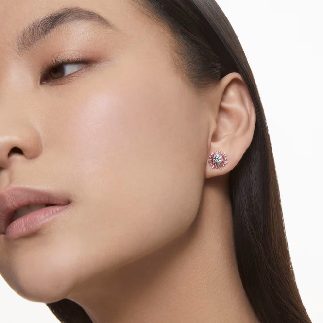 Idyllia Sun Stud Earrings with Mixed-Cut Pink Crystal in Rhodium Silver