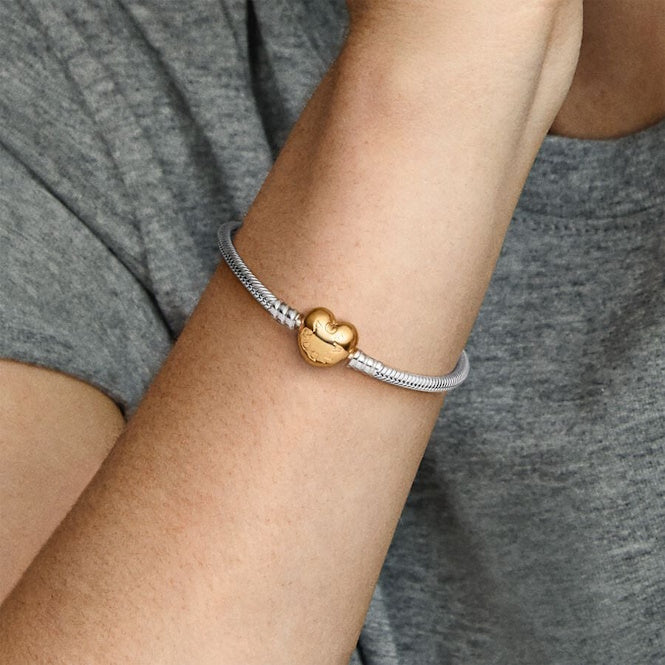 Pandora Moments Two-Tone Heart Clasp Snake Chain Bracelet, 18cm