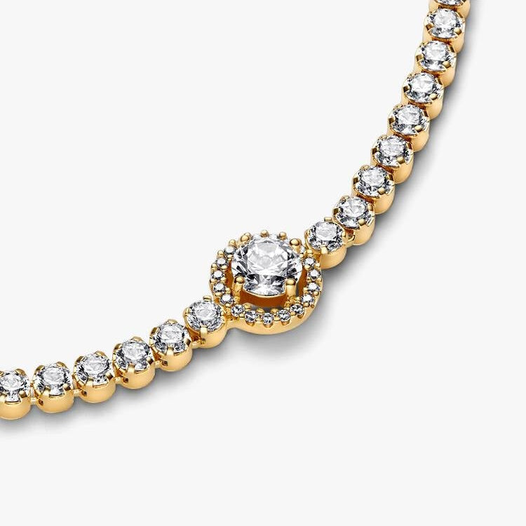 Pandora Sparkling Gold Halo Tennis Bracelet, 18cm