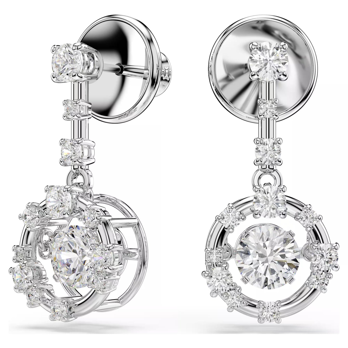 Constella Dancing Drop Earrings with Round-Cut White Crystal in Rhodium Silver