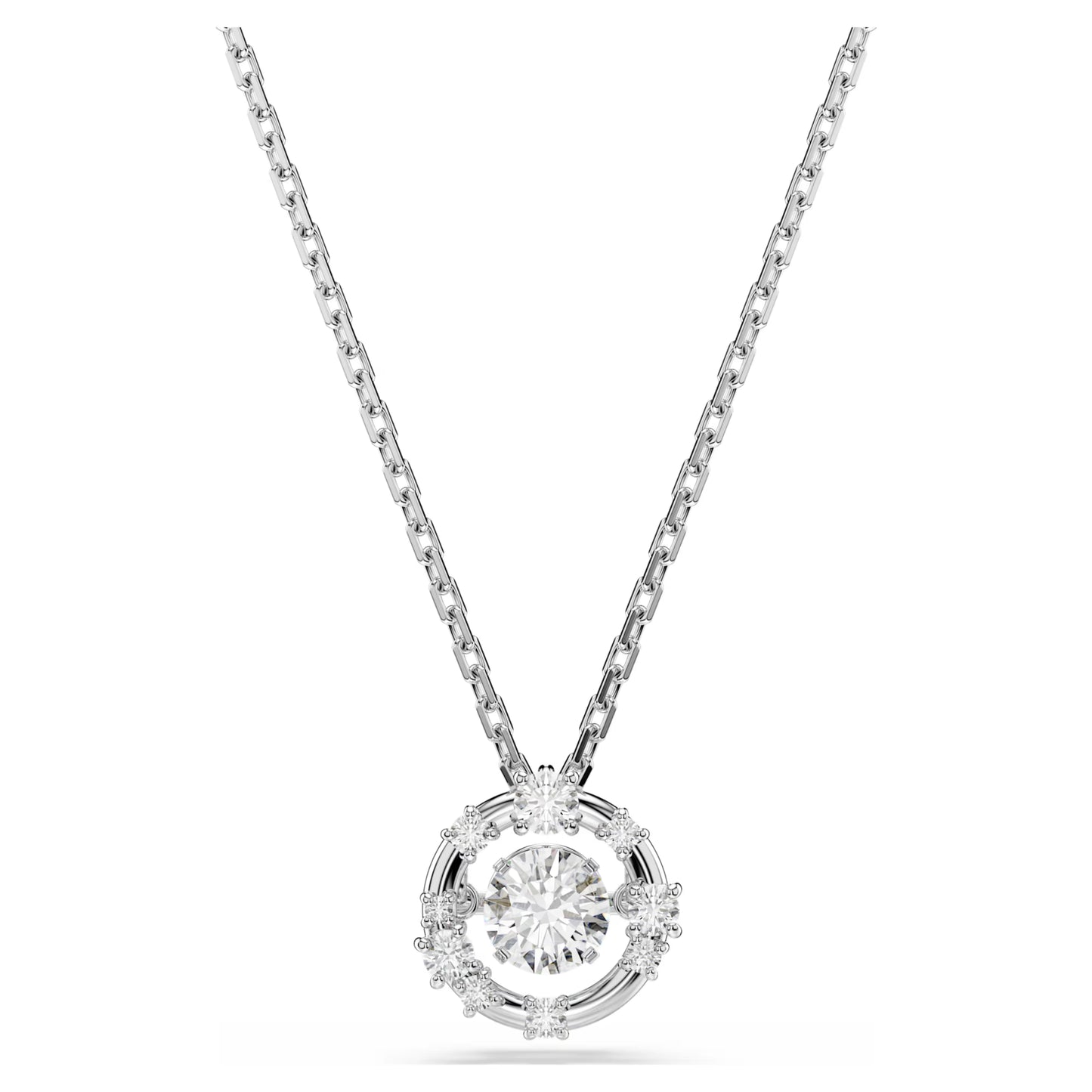 Constella Dancing Pendant Necklace with Round-Cut White Crystal in Rhodium Silver
