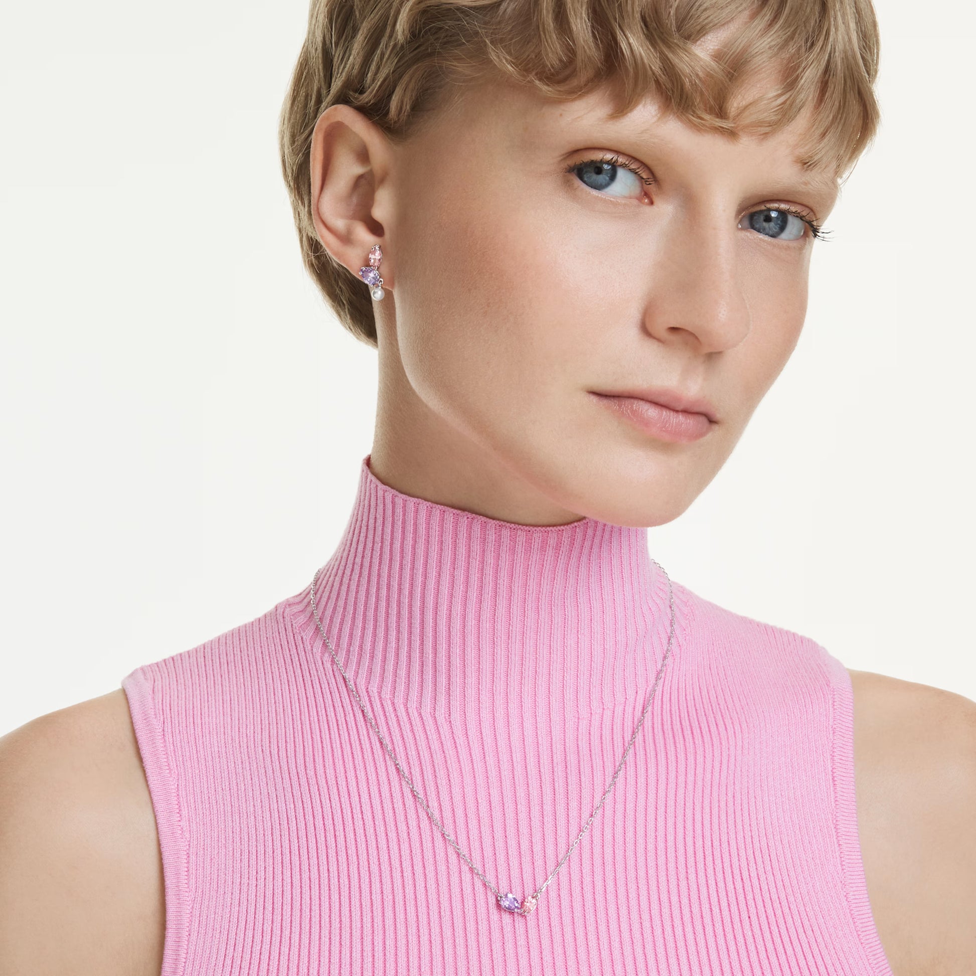 Swarovski Ariana Grande x Swarovski Necklace & Earrings Set with Multicoloured Mixed-Cuts & Pearl in Rhodium Silver